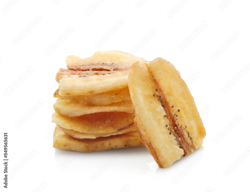 Stack of banana chips isolated on white background. Natural dried fruit snack. Stack of banana chips isolated on white background. Natural dried fruit snack.