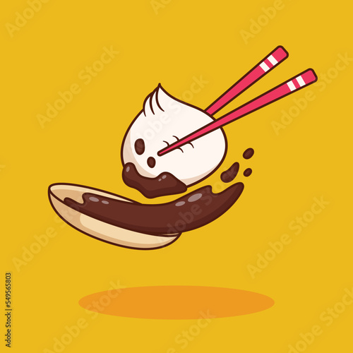 cute dim sum diping on soy sauce