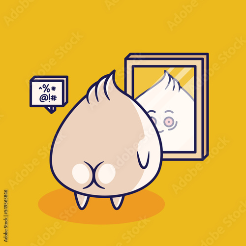 cute cartoon frustated dim sum looking on mirror illustration