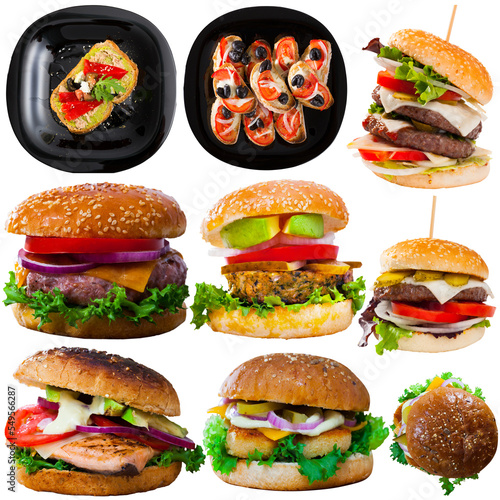 Cooked hamburgers, sandwiches and other fastfood dishes isolated on white background