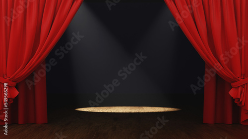 Empty Stage theater or opera with red curtain and Spotlight, 3D rendering.