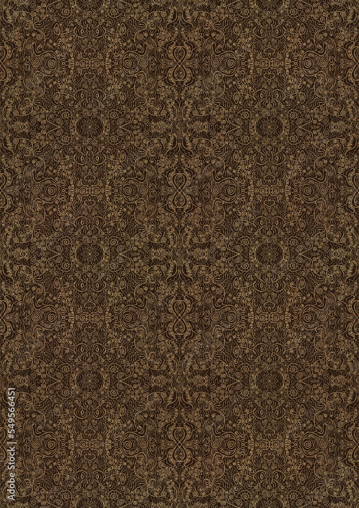 Hand-drawn unique abstract symmetrical seamless gold ornament on a dark brown background. Paper texture. Digital artwork, A4. (pattern: p06e) Hand-drawn unique abstract symmetrical seamless gold ornament on a dark brown background. Paper texture. Digital artwork, A4. (pattern: p06e)