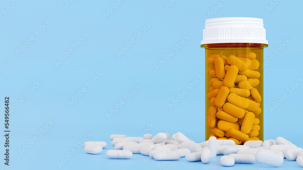 White pills and yellow pills bottle, Medicine bottles with drugs, medical concept, 3D rendering. White pills and yellow pills bottle, Medicine bottles with drugs, medical concept, 3D rendering.