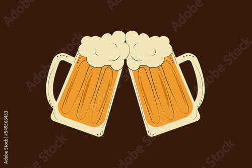 Vector illustration of a doodle style two glass toasting mugs with beer, cheers beer glasses. Print, template, design element