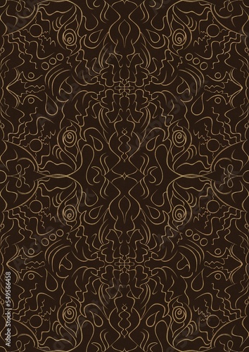 Hand-drawn unique abstract symmetrical seamless gold ornament on a dark brown background. Paper texture. Digital artwork, A4. (pattern: p07-1d)