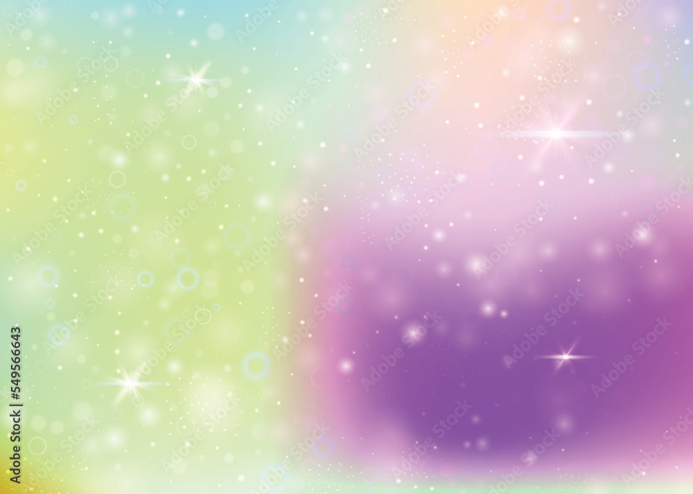 Obraz premium Holographic background with rainbow mesh. Multicolor universe banner in princess colors. Fantasy gradient backdrop with hologram. Holographic unicorn background with fairy sparkles, stars and blurs.