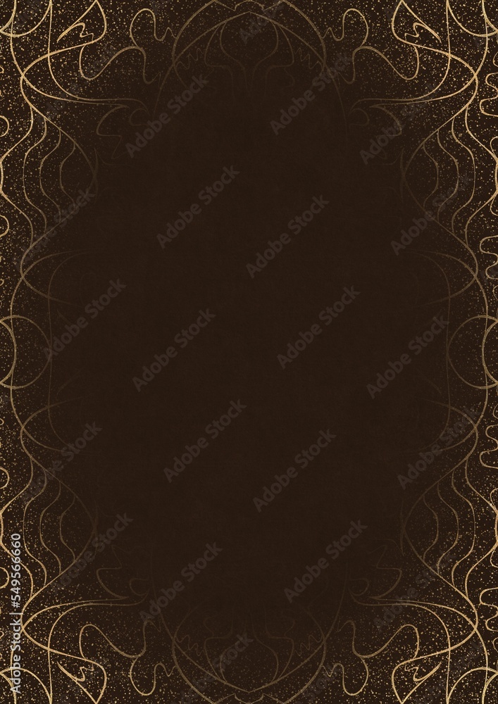 Dark brown textured paper with vignette of golden hand-drawn pattern with golden glittery splatter. Copy space. Digital artwork, A4. (pattern: p02-1d) Dark brown textured paper with vignette of golden hand-drawn pattern with golden glittery splatter. Copy space. Digital artwork, A4. (pattern: p02-1d)