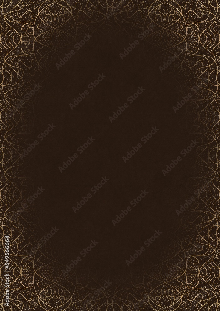 Dark brown textured paper with vignette of golden hand-drawn pattern with golden glittery splatter. Copy space. Digital artwork, A4. (pattern: p02-1e)