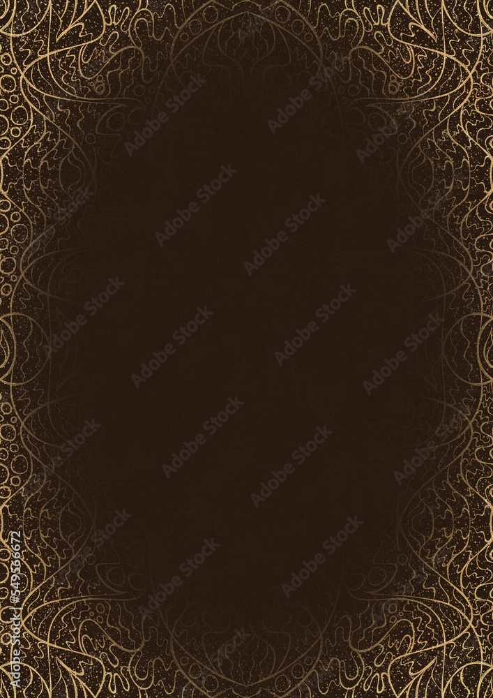 Dark brown textured paper with vignette of golden hand-drawn pattern with golden glittery splatter. Copy space. Digital artwork, A4. (pattern: p02-2d)