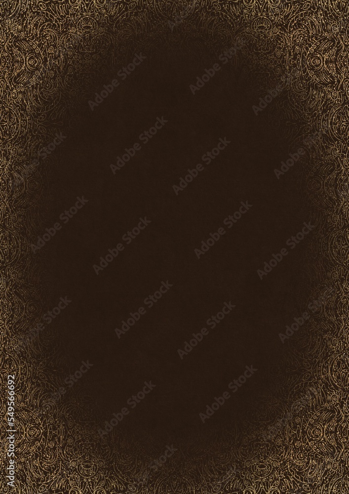 Dark brown textured paper with vignette of golden hand-drawn pattern ...
