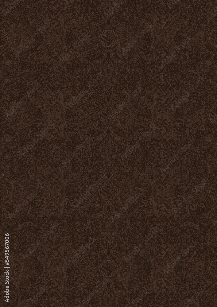 Hand-drawn unique abstract symmetrical seamless ornament. Light semi transparent brown on a dark brown background. Paper texture. Digital artwork, A4. (pattern: p04e) Hand-drawn unique abstract symmetrical seamless ornament. Light semi transparent brown on a dark brown background. Paper texture. Digital artwork, A4. (pattern: p04e)
