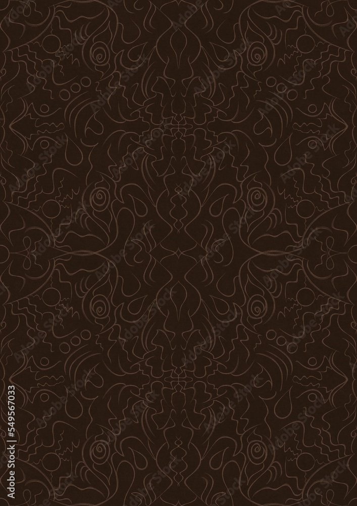 Hand-drawn unique abstract symmetrical seamless ornament. Light semi transparent brown on a dark brown background. Paper texture. Digital artwork, A4. (pattern: p07-1d)
