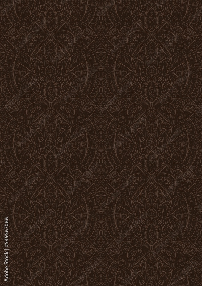 Hand-drawn unique abstract symmetrical seamless ornament. Light semi transparent brown on a dark brown background. Paper texture. Digital artwork, A4. (pattern: p08-2e) Hand-drawn unique abstract symmetrical seamless ornament. Light semi transparent brown on a dark brown background. Paper texture. Digital artwork, A4. (pattern: p08-2e)