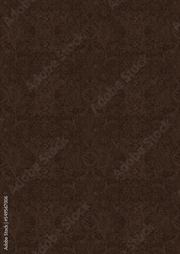 Hand-drawn unique abstract symmetrical seamless ornament. Light semi transparent brown on a dark brown background. Paper texture. Digital artwork, A4. (pattern: p04e)