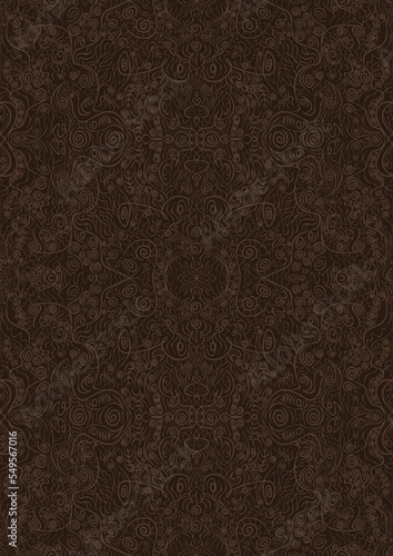 Hand-drawn unique abstract symmetrical seamless ornament. Light semi transparent brown on a dark brown background. Paper texture. Digital artwork, A4. (pattern: p06d) © Maria