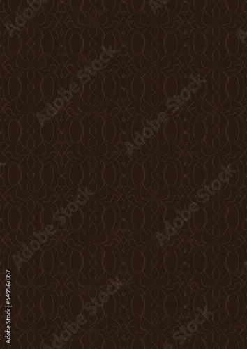 Hand-drawn unique abstract symmetrical seamless ornament. Light semi transparent brown on a dark brown background. Paper texture. Digital artwork, A4. (pattern: p08-1f)