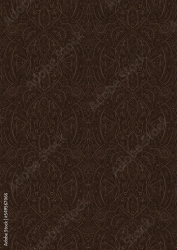 Hand-drawn unique abstract symmetrical seamless ornament. Light semi transparent brown on a dark brown background. Paper texture. Digital artwork, A4. (pattern: p08-2e)