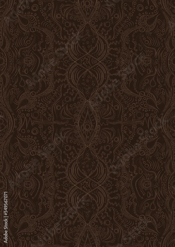 Hand-drawn unique abstract symmetrical seamless ornament. Light semi transparent brown on a dark brown background. Paper texture. Digital artwork, A4. (pattern: p09d)