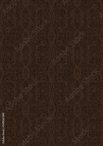 Hand-drawn unique abstract symmetrical seamless ornament. Light semi transparent brown on a dark brown background. Paper texture. Digital artwork, A4. (pattern: p09e)