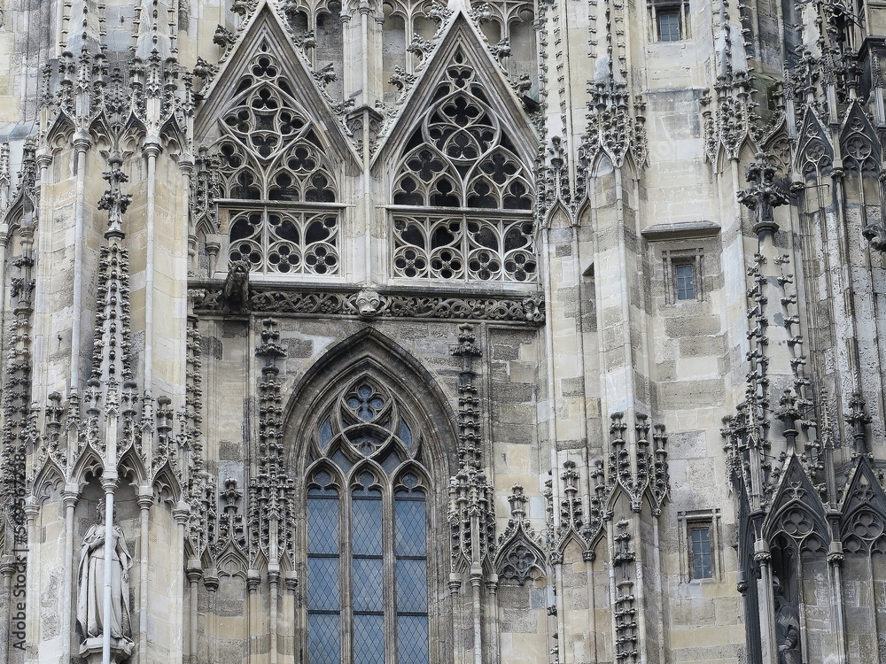 Vienna's Cathedral Facade with Window and Sculpted Details Close Up, Austria