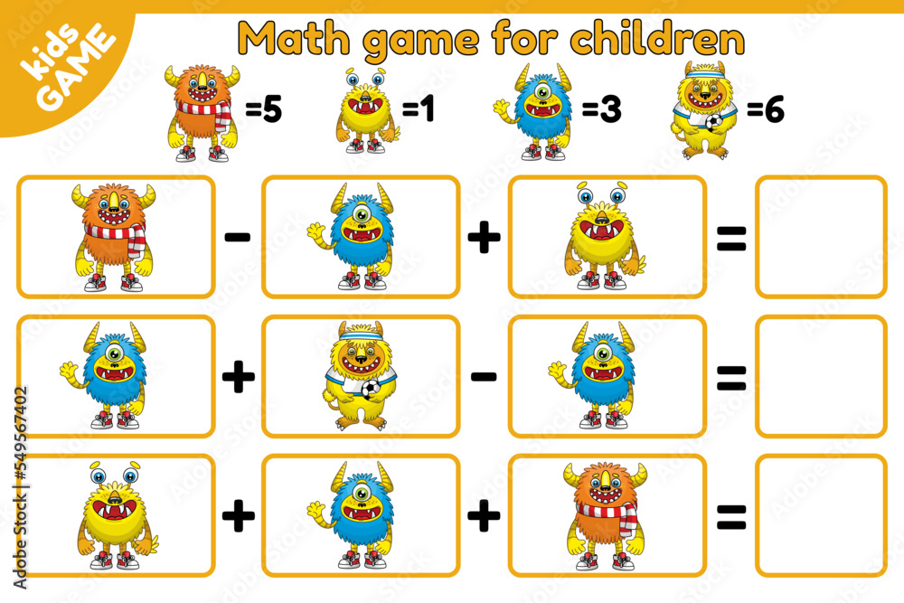 Math game for children. Addition and subtraction. Educational worksheet for kids. Calculate and write the result. Cartoon monsters. Vector illustration.