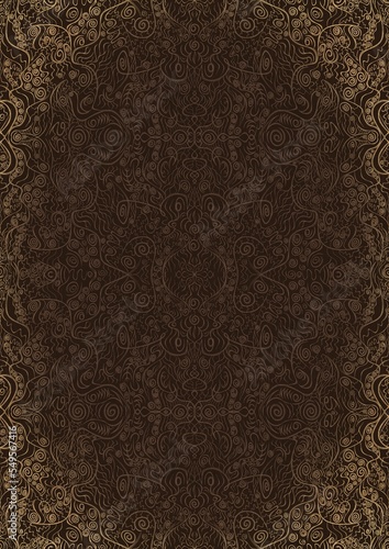 Hand-drawn unique abstract ornament. Light semi transparent brown on a dark brown background, with vignette of same pattern in golden glitter. Paper texture. Digital artwork, A4. (pattern: p06d)