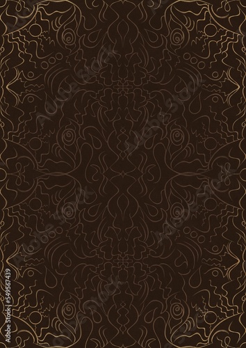 Hand-drawn unique abstract ornament. Light semi transparent brown on a dark brown background, with vignette of same pattern in golden glitter. Paper texture. Digital artwork, A4. (pattern: p07-1d)