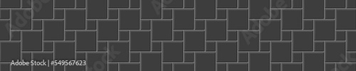 Black tile hopscotch layout. Stone or ceramic brick wall background. Kitchen backsplash mosaic texture. Bathroom, shower or toilet floor decoration. Causeway texture. Vector flat illustration