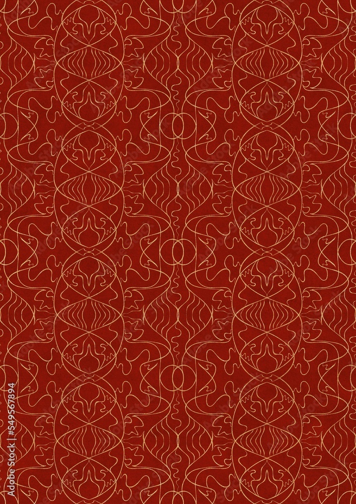 Hand-drawn unique abstract symmetrical seamless gold ornament on a bright red background. Paper texture. Digital artwork, A4. (pattern: p02-1e)