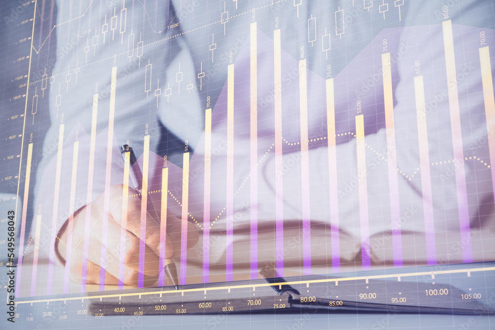 Financial trading chart multi exposure with man desktop background. Financial trading chart multi exposure with man desktop background.