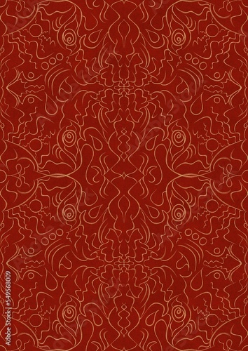 Hand-drawn unique abstract symmetrical seamless gold ornament on a bright red background. Paper texture. Digital artwork, A4. (pattern: p07-1d)