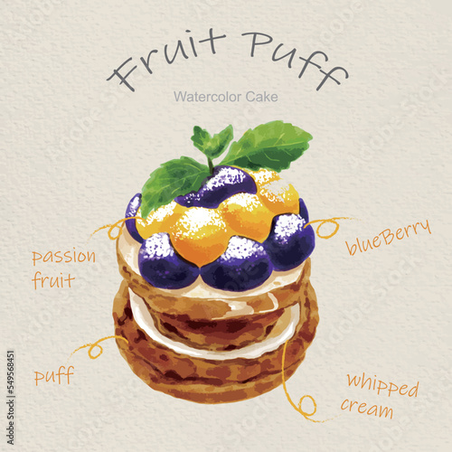 watercolor cakes with fruit puff