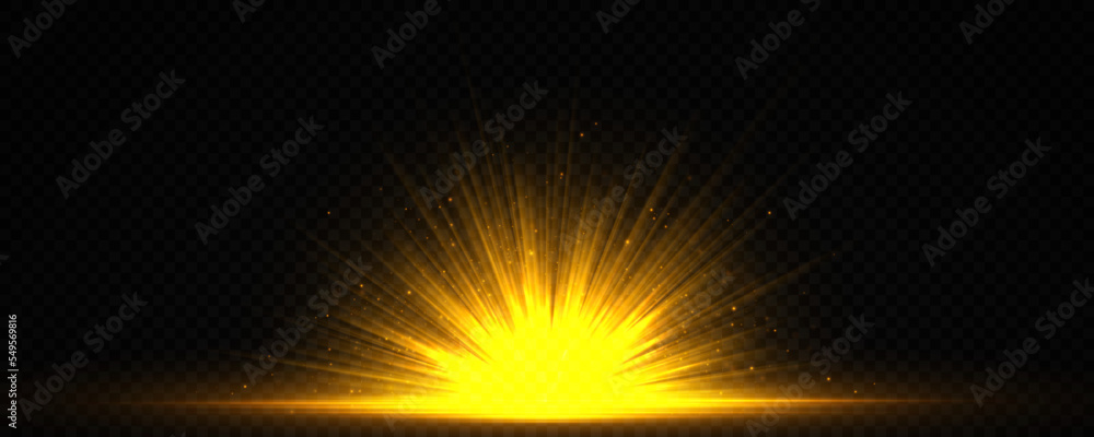 Horizontal bursts of exploding star. Sparkle light rays. Shining flares and sparks on transparent background.
