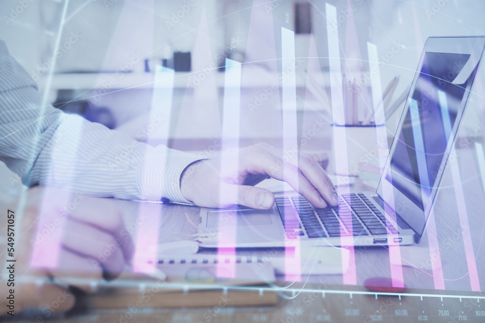 Multi exposure of stock market chart with man working on computer on background. Concept of financial analysis. Multi exposure of stock market chart with man working on computer on background. Concept of financial analysis.