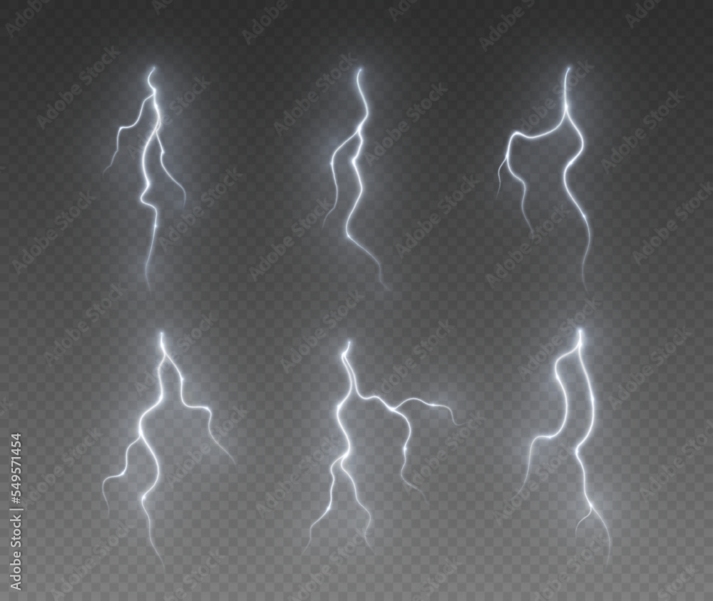 Thunderstorm lightning, thunderbolt strike, realistic electric zipper, energy flash light effect, white lightning bolt isolated on dark background. Vector illustration. Thunderstorm lightning, thunderbolt strike, realistic electric zipper, energy flash light effect, white lightning bolt isolated on dark background. Vector illustration.