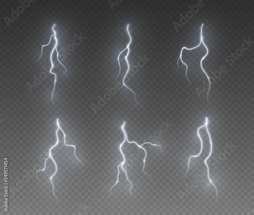 Thunderstorm lightning, thunderbolt strike, realistic electric zipper, energy flash light effect, white lightning bolt isolated on dark background. Vector illustration.