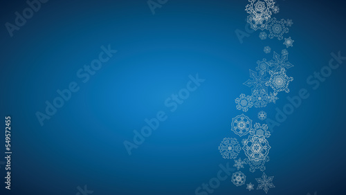 New year background with silver frosty snowflakes. Horizontal backdrop. Stylish new year background for holiday banner, card. Falling snow with sparkles and flakes for season special offers and sales.