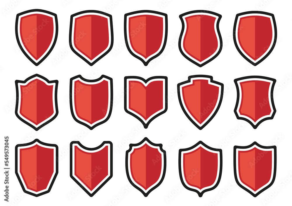 Shields red flat icon set. Knight heraldic award medieval royal vintage ...