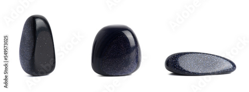 Set mineral natural semiprecious stone aventurine starry night black. Isolated on a white background. Geology. Purple sequins