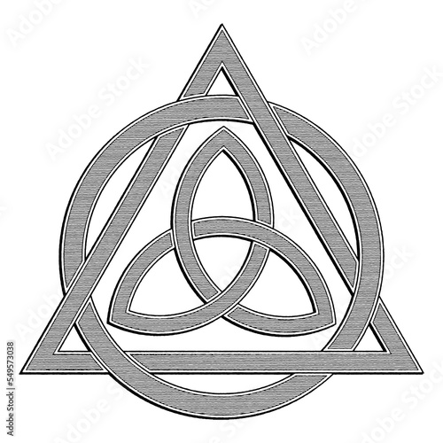 The Triquetra (Trinity Knot) with circle and triangle illustrated in a vintage woodcut style.  Celtic Trinity Knot.
