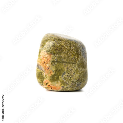 Mineral natural semiprecious stone unakite. Isolated on a white background. Geology green orange