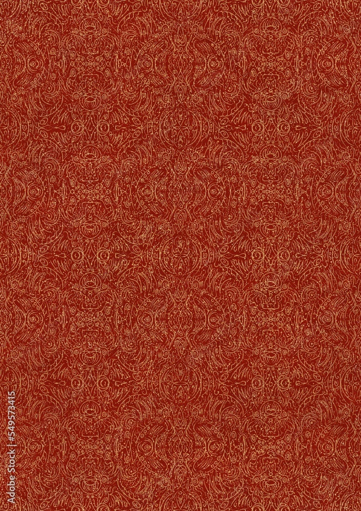 Fototapeta premium Hand-drawn unique abstract symmetrical seamless gold ornament with splatters of golden glitter on a bright red background. Paper texture. Digital artwork, A4. (pattern: p03e)