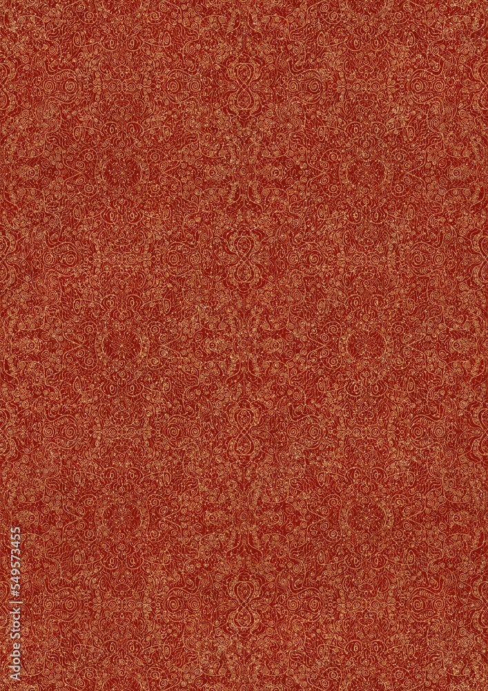Fototapeta premium Hand-drawn unique abstract symmetrical seamless gold ornament with splatters of golden glitter on a bright red background. Paper texture. Digital artwork, A4. (pattern: p06e)