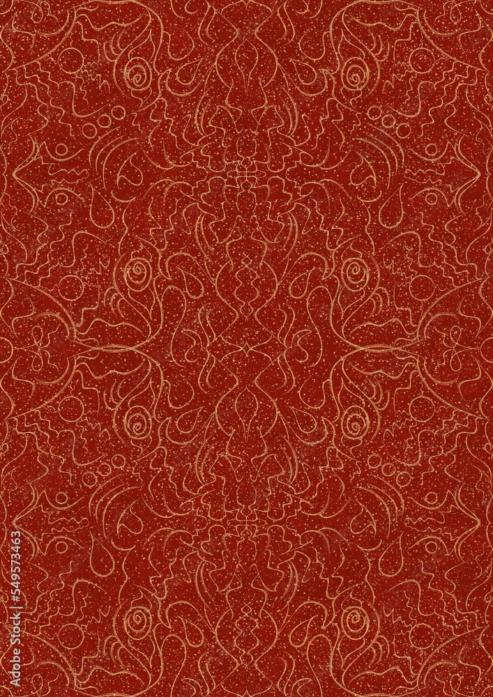 Hand-drawn unique abstract symmetrical seamless gold ornament with splatters of golden glitter on a bright red background. Paper texture. Digital artwork, A4. (pattern: p07-1d)