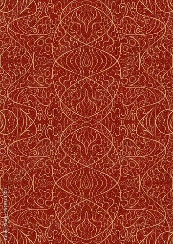 Hand-drawn unique abstract symmetrical seamless gold ornament with splatters of golden glitter on a bright red background. Paper texture. Digital artwork, A4. (pattern: p02-2d)