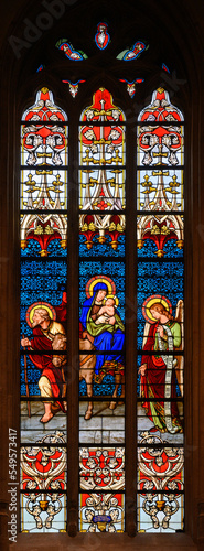 Stained-glass window depicting The Flight of the Holy Family to Egypt. Notre-Dame de Luxembourg  Notre-Dame Cathedral in Luxembourg . 2021 07 04.