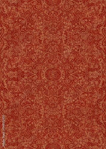 Hand-drawn unique abstract symmetrical seamless gold ornament with splatters of golden glitter on a bright red background. Paper texture. Digital artwork, A4. (pattern: p06d)
