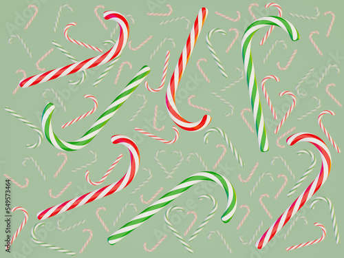 Floating colorful candy canes on mint green background. Holiday 3d render. Festive wallpaper. Christmas and New Year greeting card.