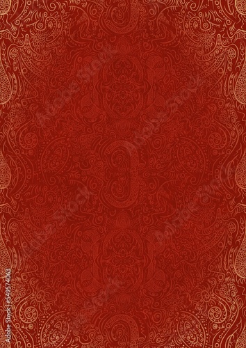 Hand-drawn unique abstract ornament. Light red on a bright red background, with vignette of same pattern in golden glitter. Paper texture. Digital artwork, A4. (pattern: p01d)