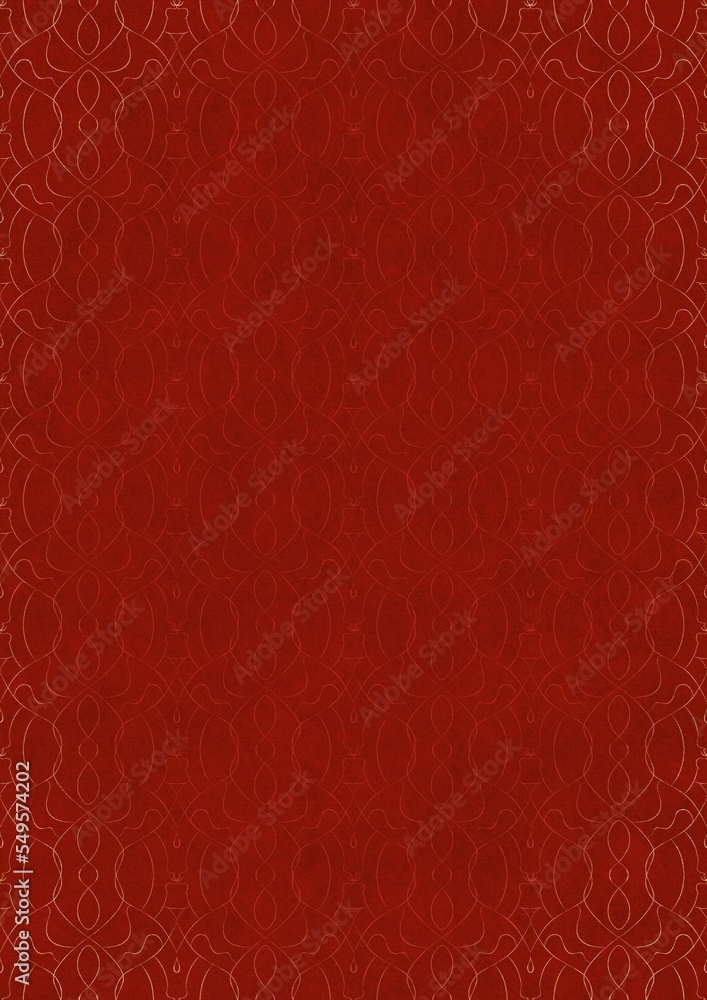Hand-drawn unique abstract ornament. Light red on a bright red background, with vignette of same pattern in golden glitter. Paper texture. Digital artwork, A4. (pattern: p08-1f) Hand-drawn unique abstract ornament. Light red on a bright red background, with vignette of same pattern in golden glitter. Paper texture. Digital artwork, A4. (pattern: p08-1f)